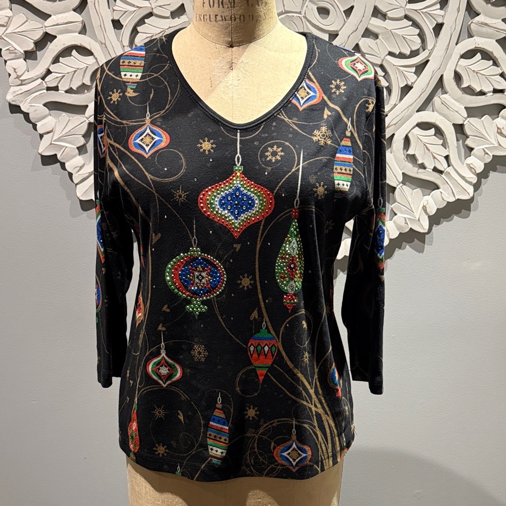 Vintage Cactus Bay Apparel Christmas Festive Black Ornament Print shirt Top L